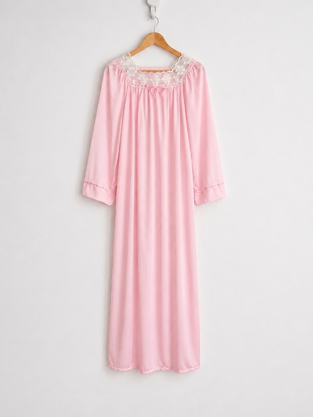 Vintage 1960s Baby Pink Lace Bow Maxi Nightgown Slip Dress Coquette Twee S